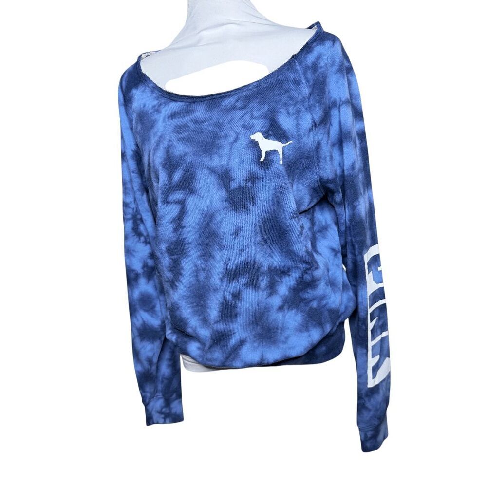 PINK Victoria's Secret tie die off blue white shoulder sweatshirt dog Small